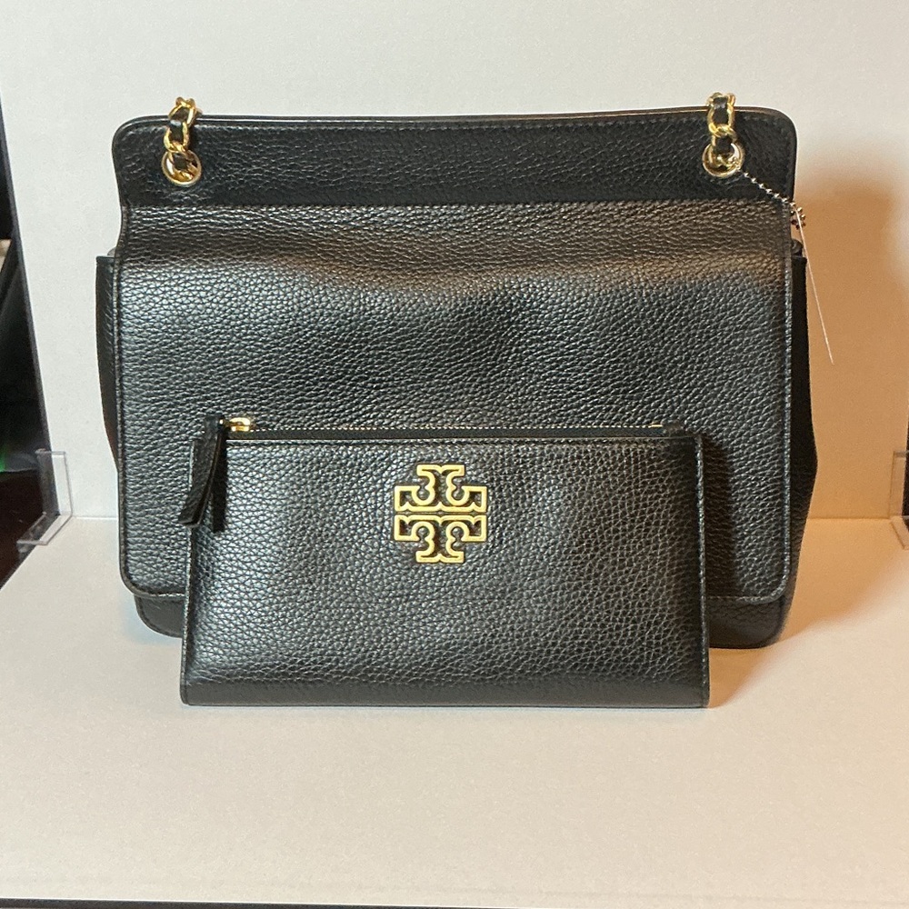 Tory Burch Britten Flap Leather Shoulder Bag with Matching Bifold Wallet (Set)